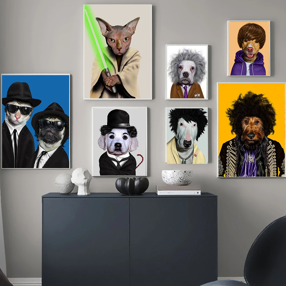 

Fashion Dog Cat Poster Funny Animal Canvas Painting Print Modern Pet Cat Dog Nordic Wall Art Picture Living Room Home Decoration