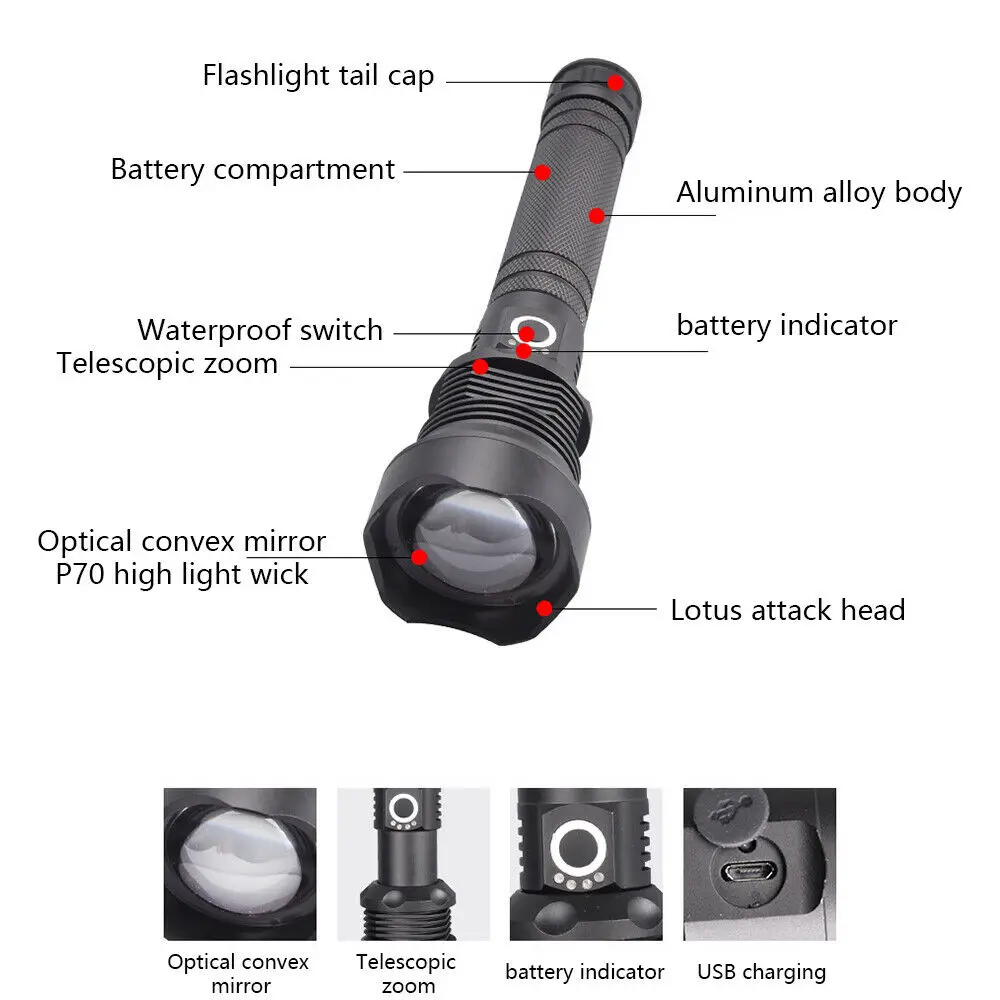 구매 WAKYME LED 손전등 캠핑 라이트 울트라 브라이트 토치 텔레스코픽 줌 USB 충전식 전술 토치 방수 랜턴 Xhp70
