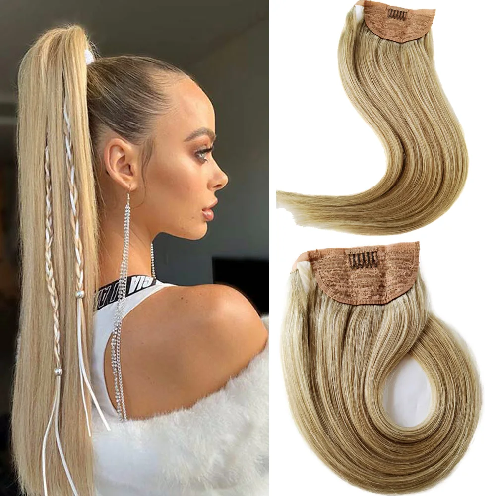 

80G Honey Blonde Ponytail Hair Extension Human Hair #18 Straight Remy Drawstring Wrap Around Hair Piece Clip In Hair Extensions