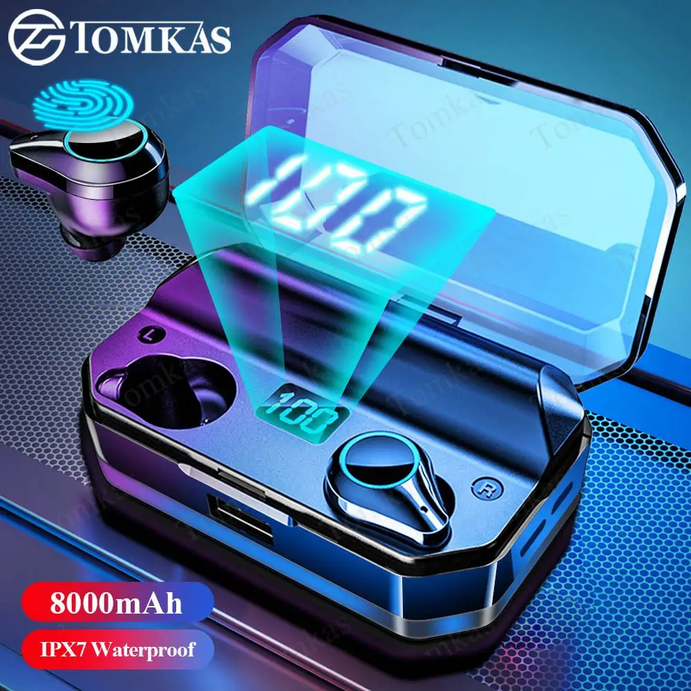 TOMKAS 8000 мАч TWS наушники 9D стерео Bluetooth 5,0 беспроводные наушники IPX7 водонепроницаемые наушники светодиодный дисплей с микрофоном сенсорной клавишей