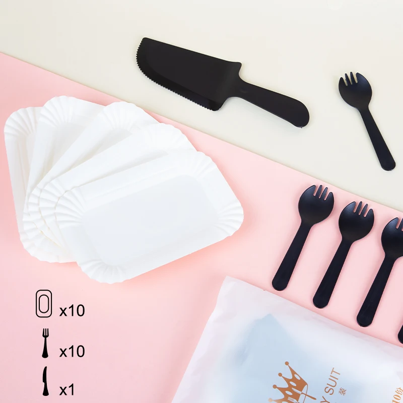 

Black Disposable Plastic Waterdrop Cake Tableware Knife Fork Plate Set Combination Portable Family Birthday Party Tableware Tool