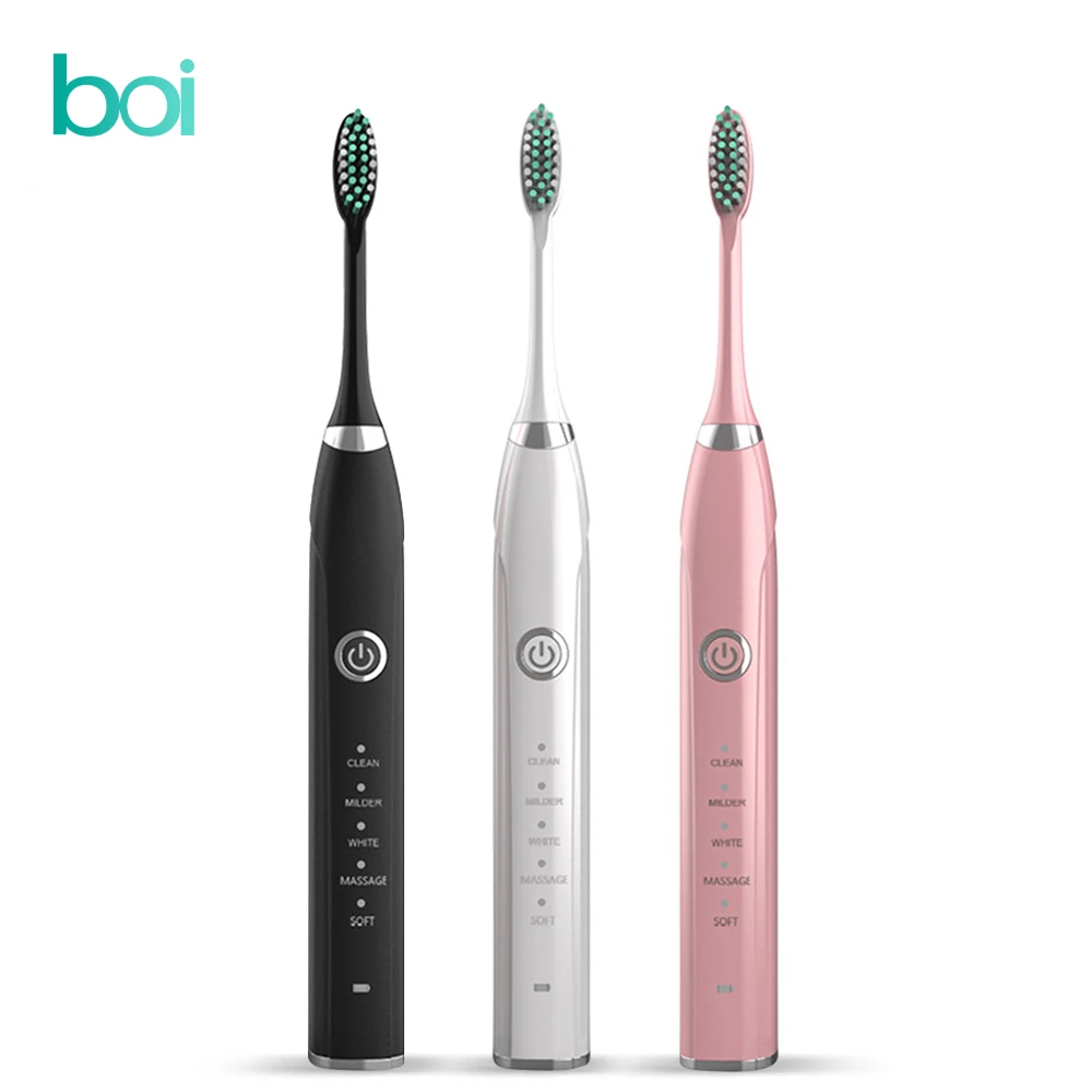 

[Boi] Whitening Teeth USB Rechargeable Sonic 5 Modes IPX7 Waterproof Smart Electric Toothbrush With 8 Replacement Brushes Heads