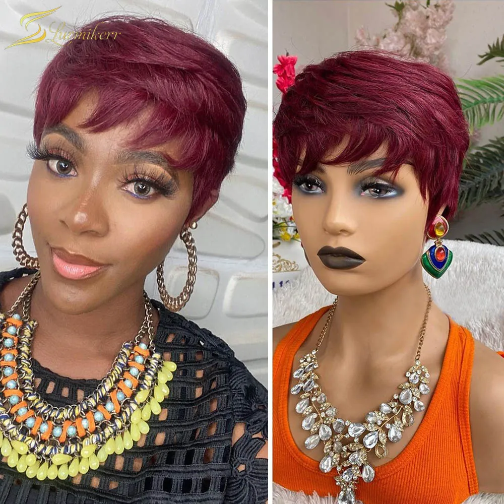 

Red Burgundy 99J Pixie Cut Bob Wig Human Hair With Bangs Full Machine Made Short Bob Wigs For Women Natural Colored 150% Density