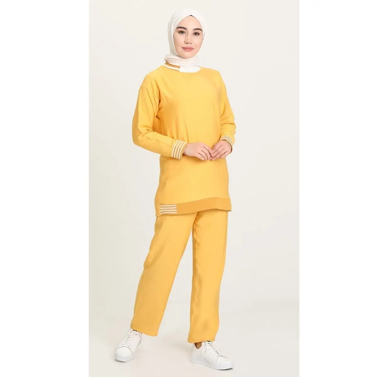 

Stripe Detailed Tunic Trousers Double Suit Unlined Long Sleeve Zero Collar Seasonal Hijab Clothing Muslim Fashion Sports