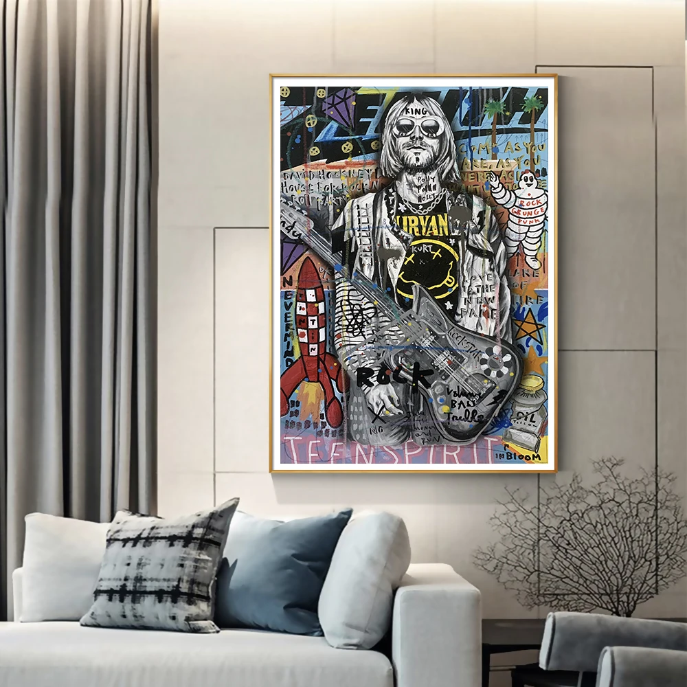 Poster and Prints Graffiti Street Art Rock singer Kurt Cobain Canvas Painting Pop Wall Picture For Living Room Home Decor | Дом и сад