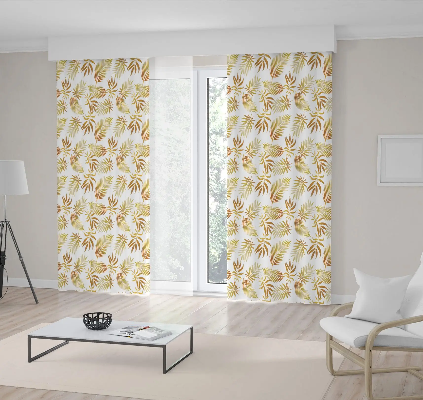 

Curtain Gold Palm Tree Leaves Pattern Tropical Exotic Jungle Floral Illustration Autumn Nature Theme Art