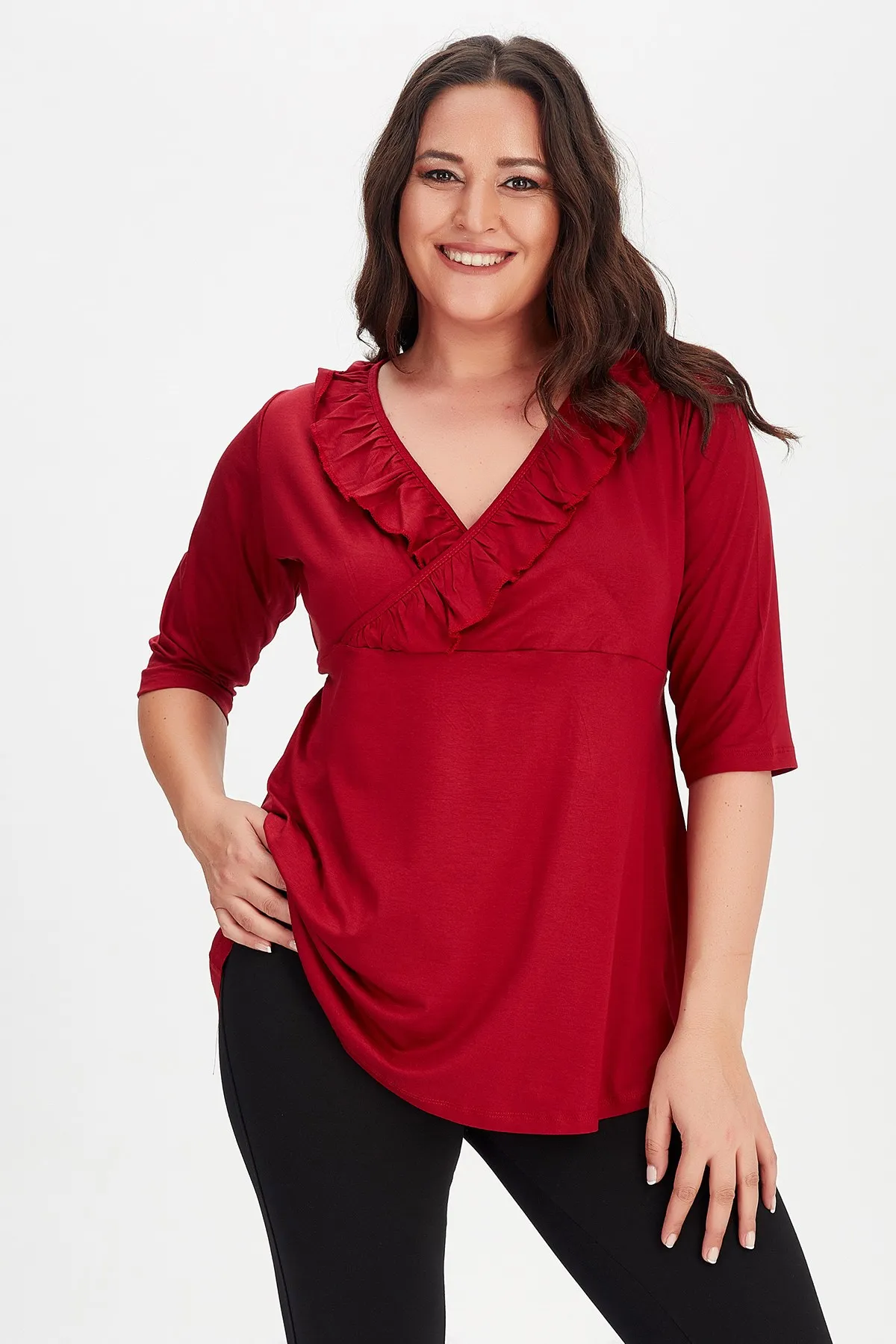 

New Season Fashion Plus Size Ruffle Neck Three Quarter Sleeve Blouse Natural Viscose Soft Elastic Fabric