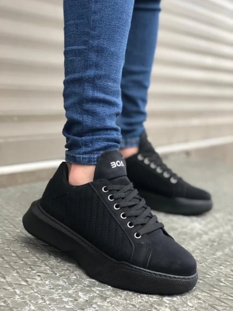 

MP0162 Lace-Up Men's Model Stitched High Sole Black Sport Shoes Comfortable Sole Black Color