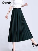 qooth summer high waisted women pleated skirts solid casual a line long skirt fashion office lady skirt korean style qt964