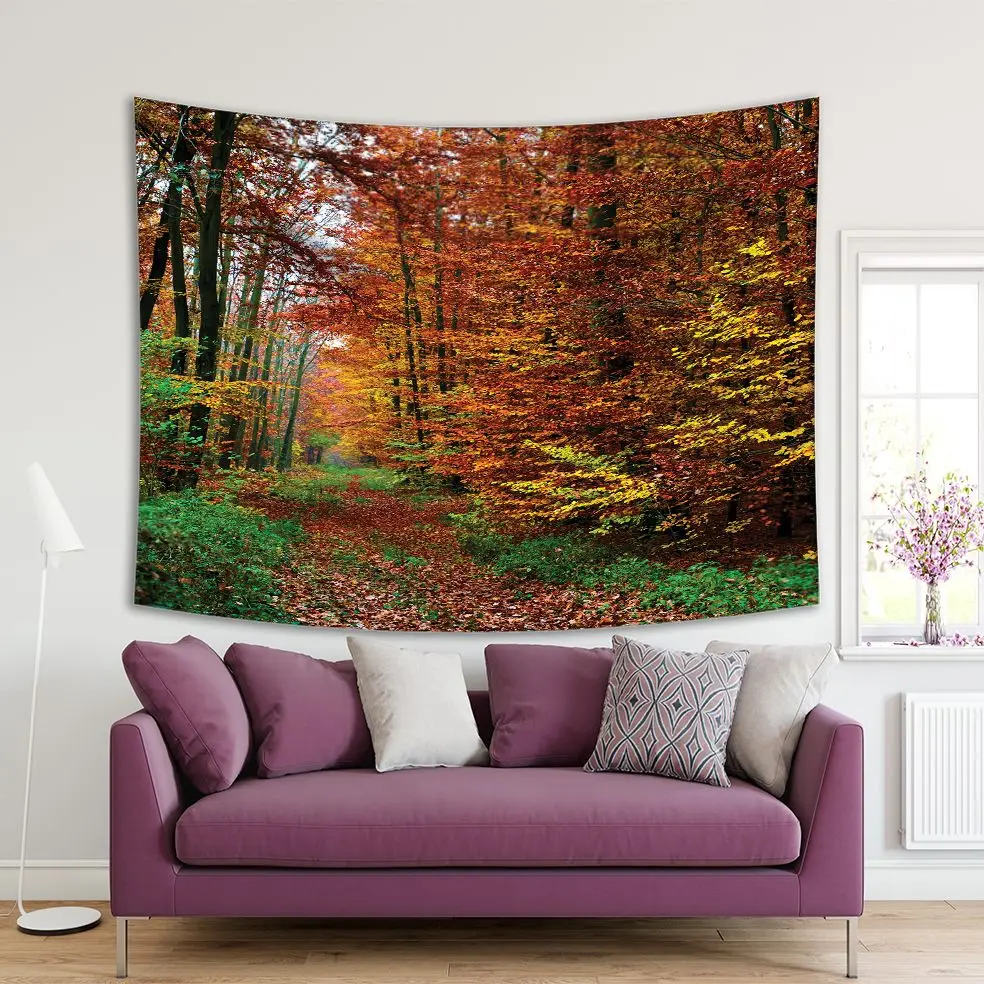 

Tapestry Pathway through Mountain Forest Trees Colorful Autumn Morning Orange Green Outdoor Nature View Print