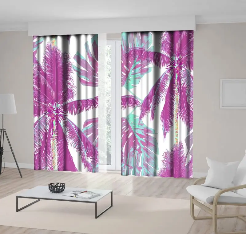 

Curtain Tropical Palm Trees Leaves Against Sky Exotic Beach Nature Retro Colors Photo Printed Purple Green