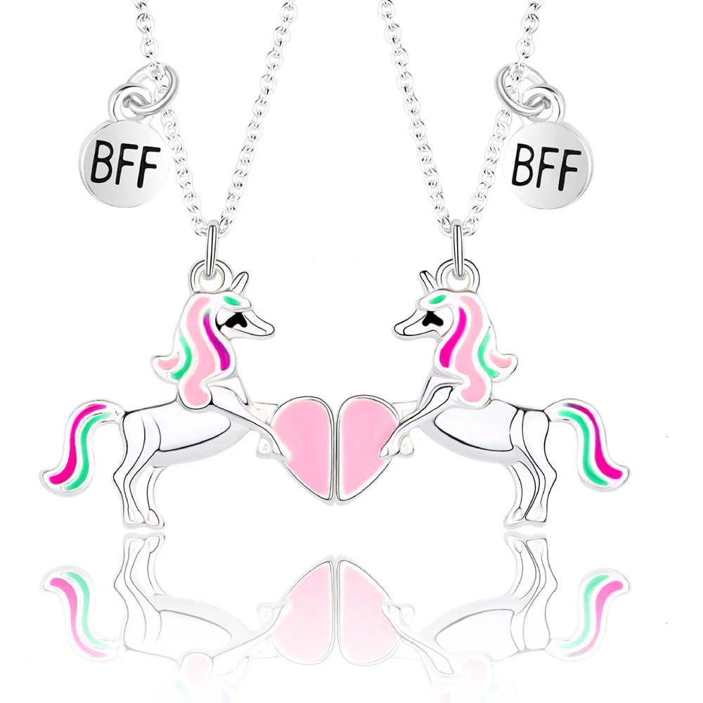 

New 2 Pcs BFF Necklace Pretty Unicorn Heart Pendant Friendship Sister Forever Silver Plated Neckalces Jewelry for Women Kid Gift