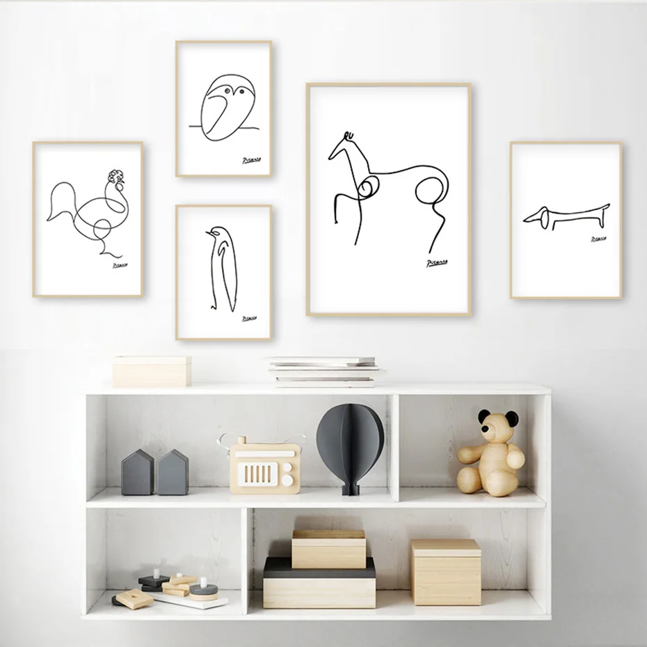 Abstract Line Art Animals Sketches Nursery Decor Canvas Painting Minimalist Black and White Wall Poster Print Picture Home | Дом и сад