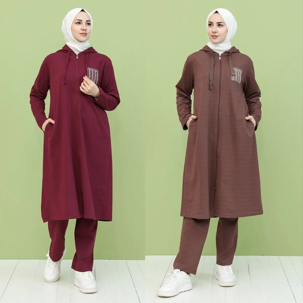 Женский спортивный костюм с капюшоном однотонный на молнии длинным рукавом 4