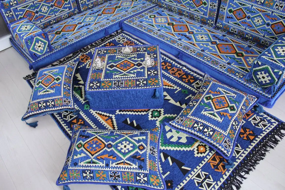 

Corner Floor Sofa Seating Set | Arabic Sofa |Traditional Design Lounge Set | Arabic Majlis |Ottoman Couch and Rug | Arabic Jalsa