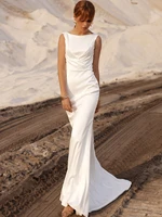 2021 classic mermaid white wedding dresses boat neck sleeveless criss cross tassels pleated bridal gown backless custom made