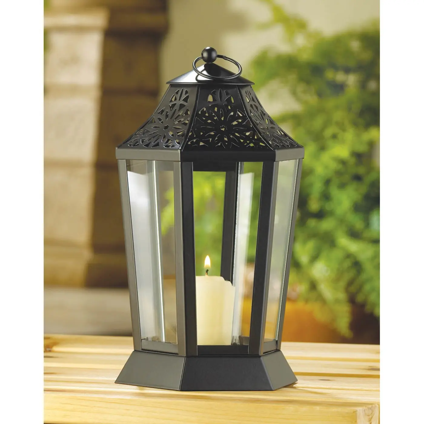 

Accent Plus Glossy Black Six-Panel Midnight Garden Candle Lantern 9.5 Inches Made Of Iron Removable Glass and Wood