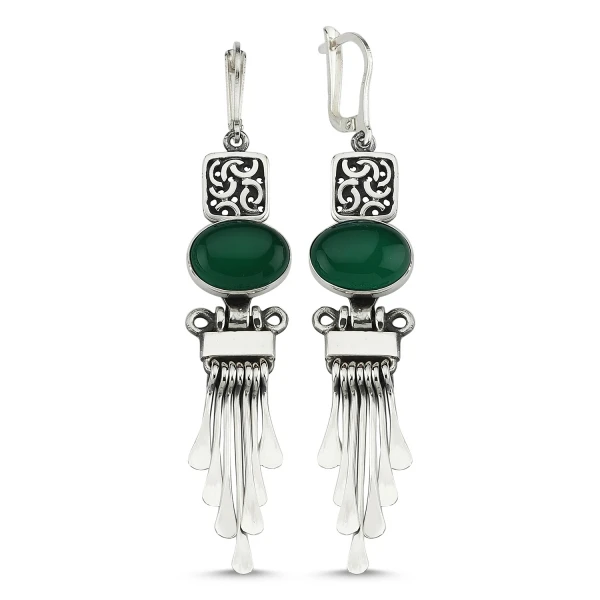 

Silver 925 Sterling Green Agate Gemstone Dangle Hand Handwork Earrings