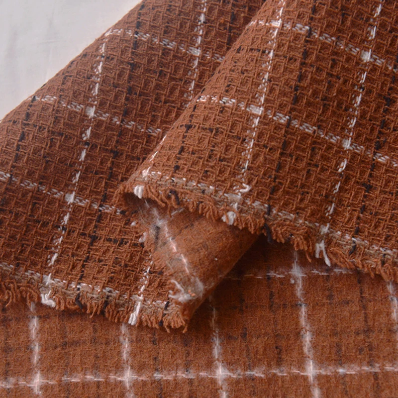 

Red Brown White Check Wool Blended Fabric Coat Long Skirt Clothing Background Fabric