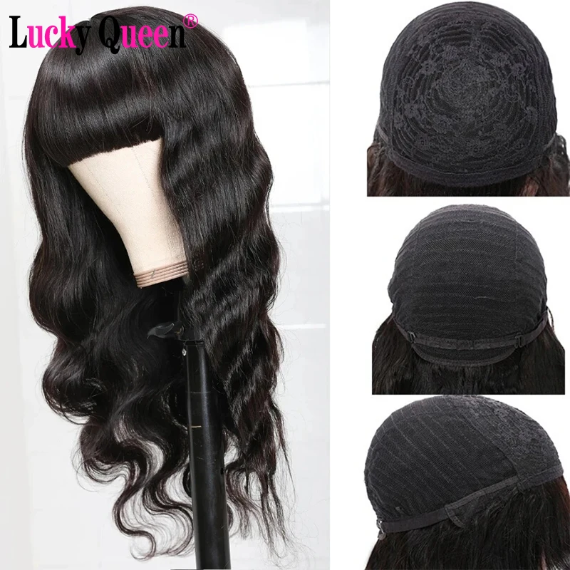 

Lucky Queen Brazilian Body Wave Human Hair Wig With Free Part Bangs Machine Made Glueless Breathable Wig Supper Soft Affordable