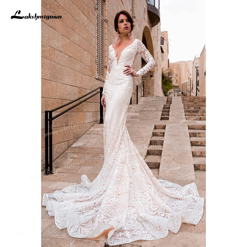 

Великолепные кружевные свадебные платья-русалки с глубоким V-образным вырезом, иллюзионные Свадебные платья с длинным рукавом и V-образным ...