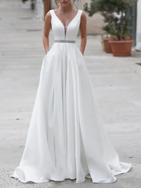 

Simple Wedding Dress A Line V Neck Sleeveless Sash Floor Length Bridal Dresses With Train