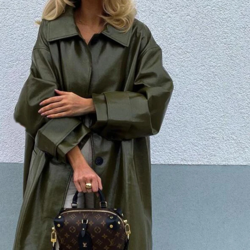

Holiwind 2021 New Fashion Autumn Casual Single Breasted Olive Green Long Trench Coat Chic Female Windbreaker