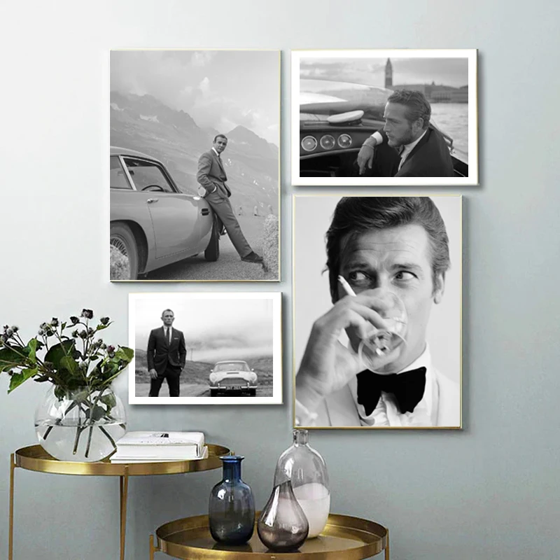 

Gentleman Spy Movie 007 Poster Bond Cars Black and White Actor Prints Movie Canvas Painting Wall Art Picture Living Room Decor
