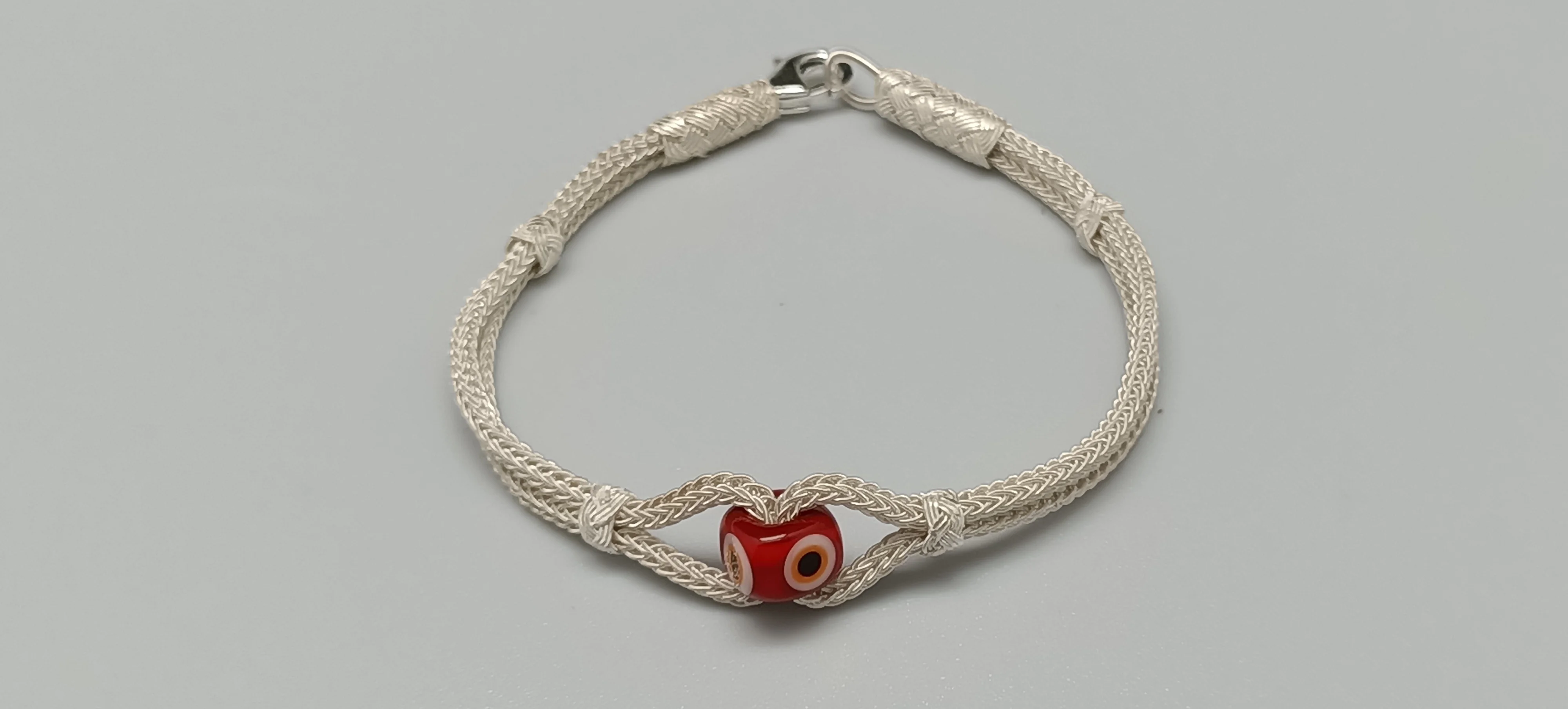 

Trabzon Kazaz Wristband (Bracelet) double chain hand-knitted 1000 sterling silver with the RED evil eye bead Cool Gift