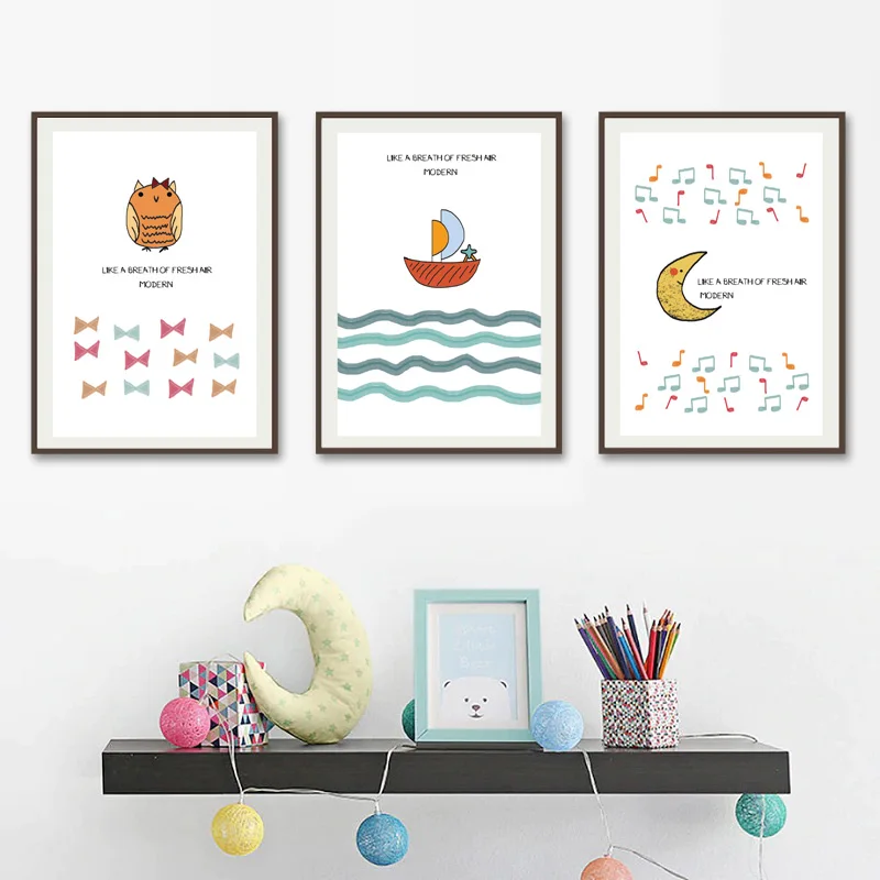 

Nordic Minimalist Hand-Painted Boat, Moon, Owl Kid Room Canvas Painting Lovely Vivid Baby Wall Art Picture Poster Bedroom Decor