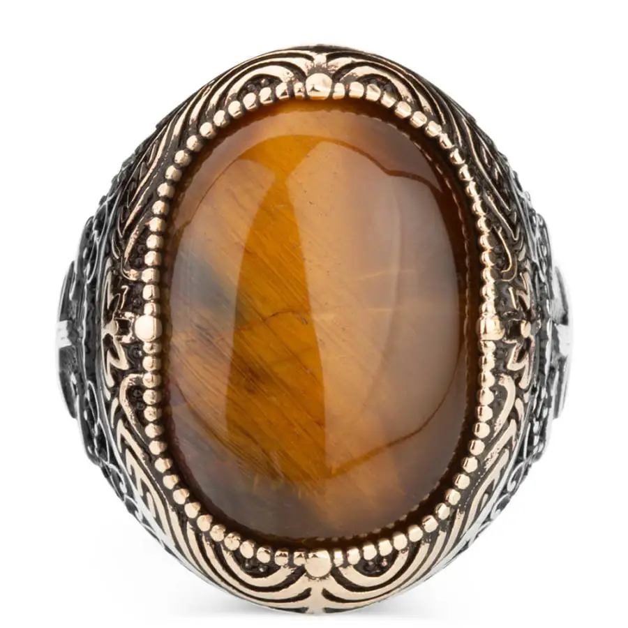 Bague en argent regardé 925 avec pierre d'oeil de tigre marron pour homme, grand motif oman sur les côtés, design inhabituel, mode de qualité, nouveau