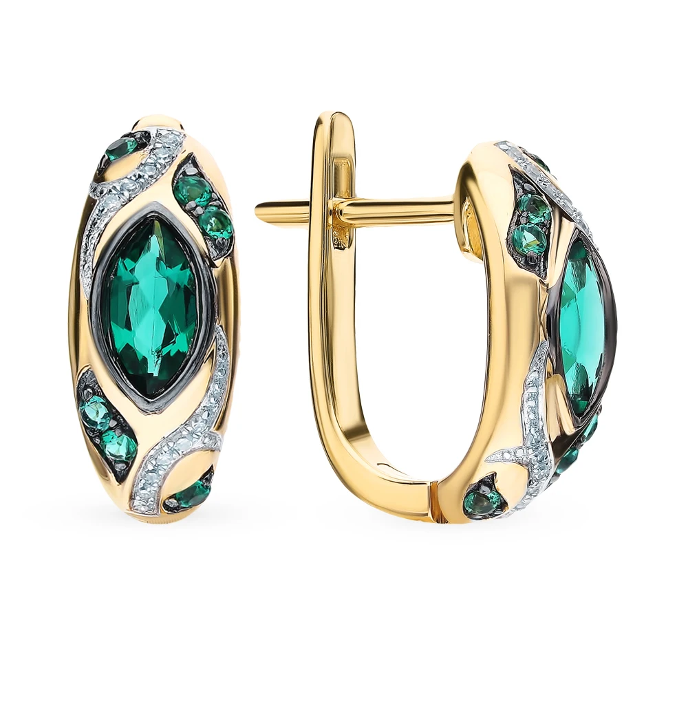 Золотые серьги с изумрудами и бриллиантами SUNLIGHT проба 585 | Украшения аксессуары