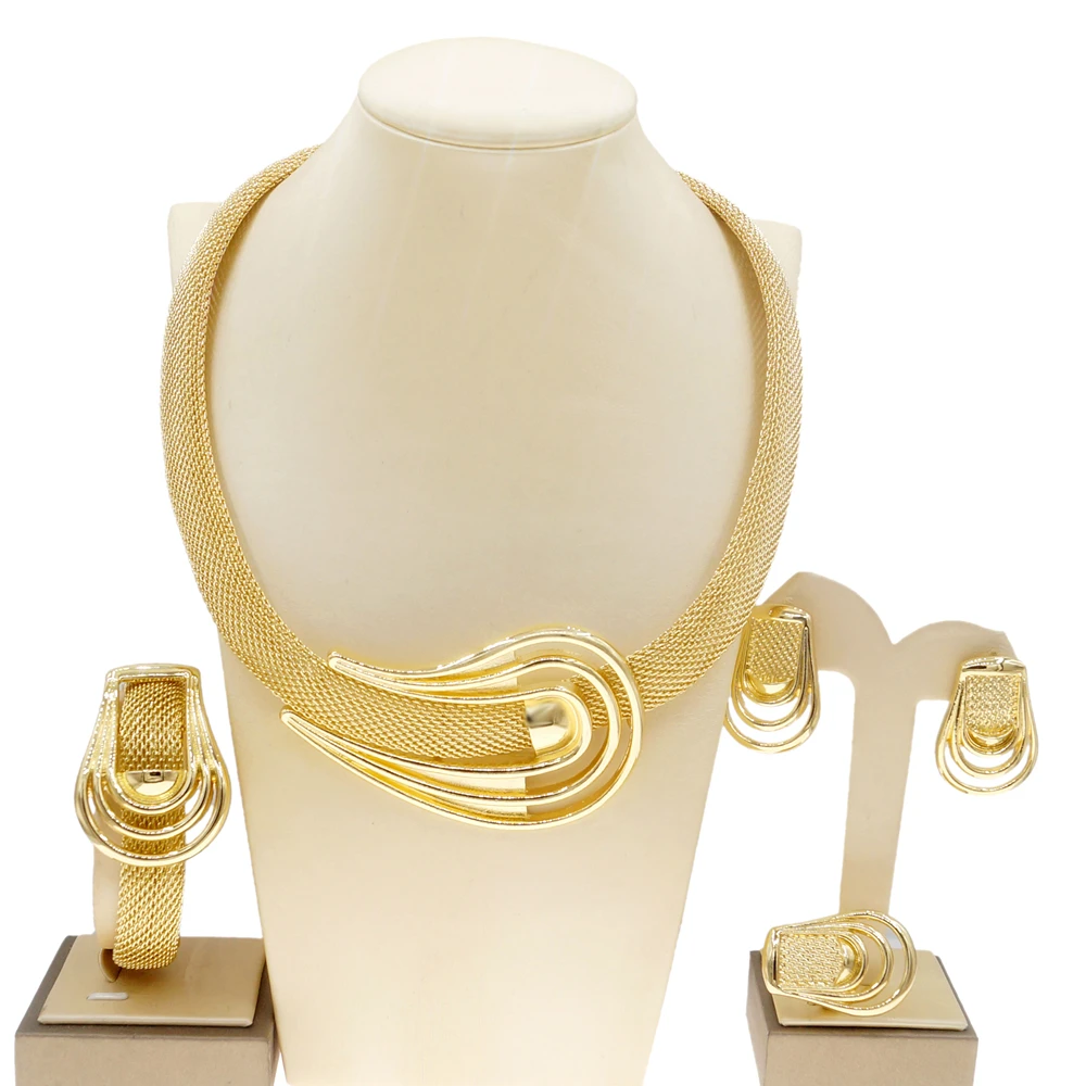 Yulaili nuovo Set di gioielli da donna in stile oro rumeno Set di orecchini a doppio anello con orecchini a bracciale Set di gioielli all'ingrosso in brasile