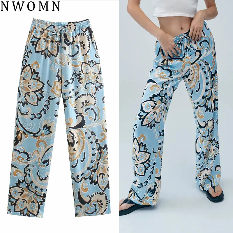

NWOMN Za Blue Wide Leg Pants Women Print Streetwear Women Trousers High Waist Loose Pant Woman 2021 Straight Baggy Summer Pants