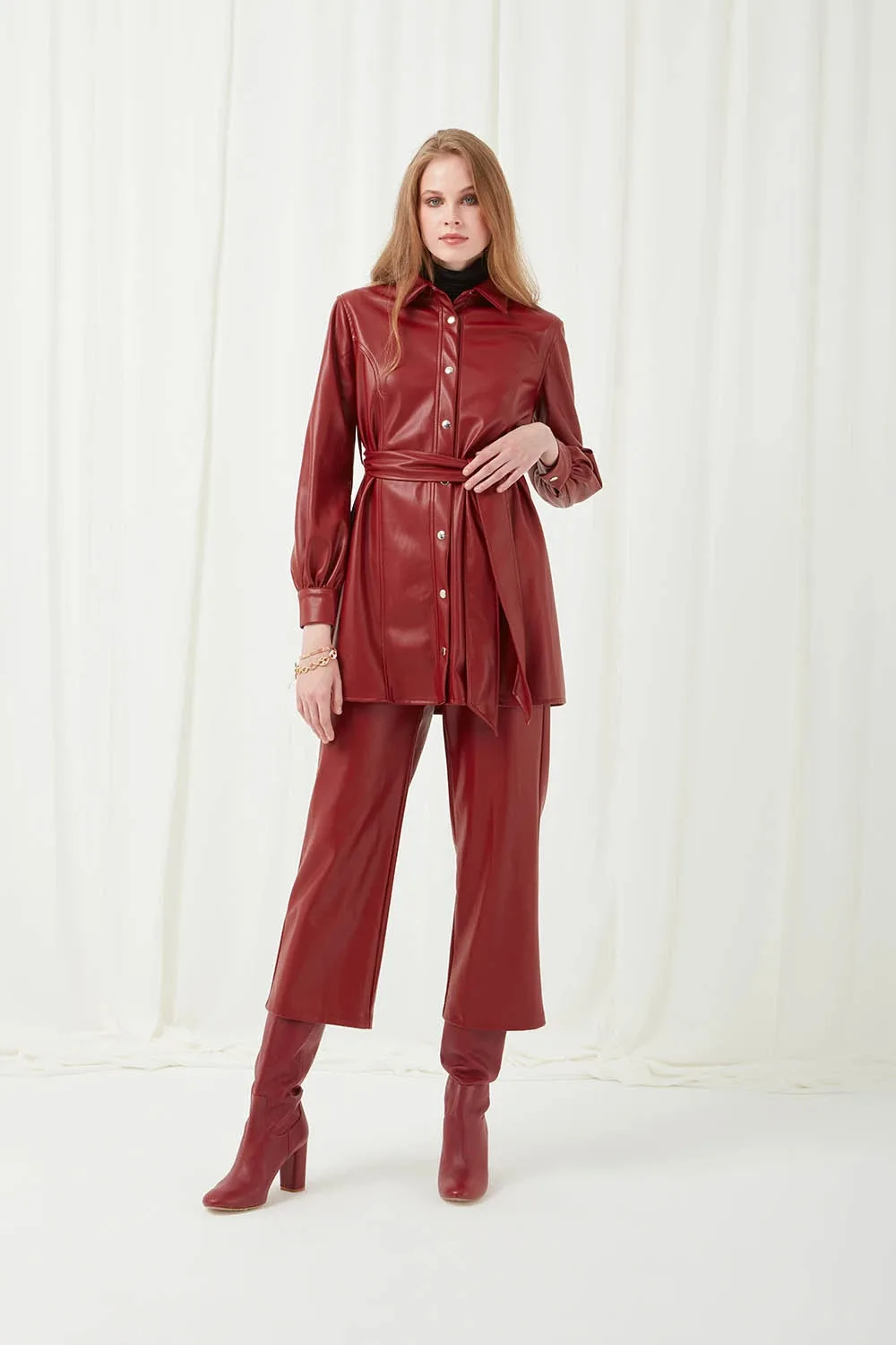 Artificial Leather Beli Kemerli Tunic Trenchcoat Women Outerwear Winter Coats Jacket Modern Belted Kabanlar Quality Material Long Sleeve Korean enlarge