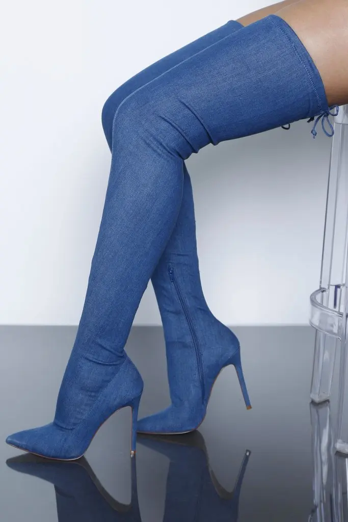 

New Denim Navy Blue Crotch Thigh High Boots Pointed Toe Zipper Cowboy Boots Women Sexy Ladies Party Dress Hig Heels Shoes Women