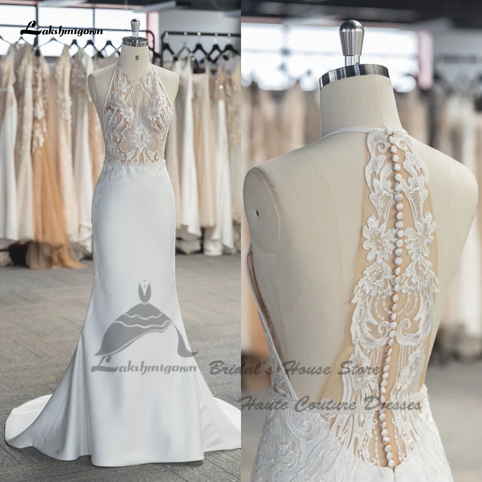 

Robe Satin Mermaid Wedding Dress 2022 Sheer Illusion Lace Civil Bridal Boho Wedding Gown Special Receiption Dinner Party Dresses