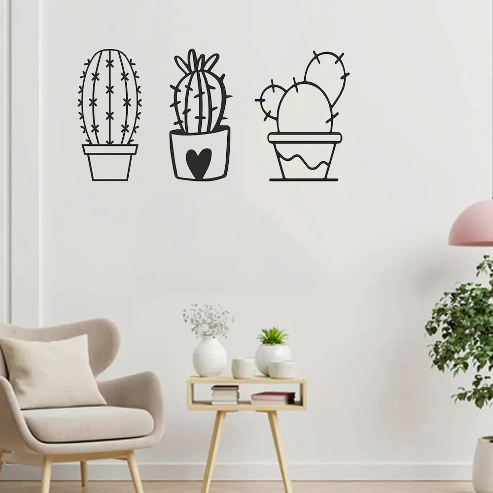 Деревянный 3 шт. Милый цветок кактуса Настенное искусство и украшение Ваза