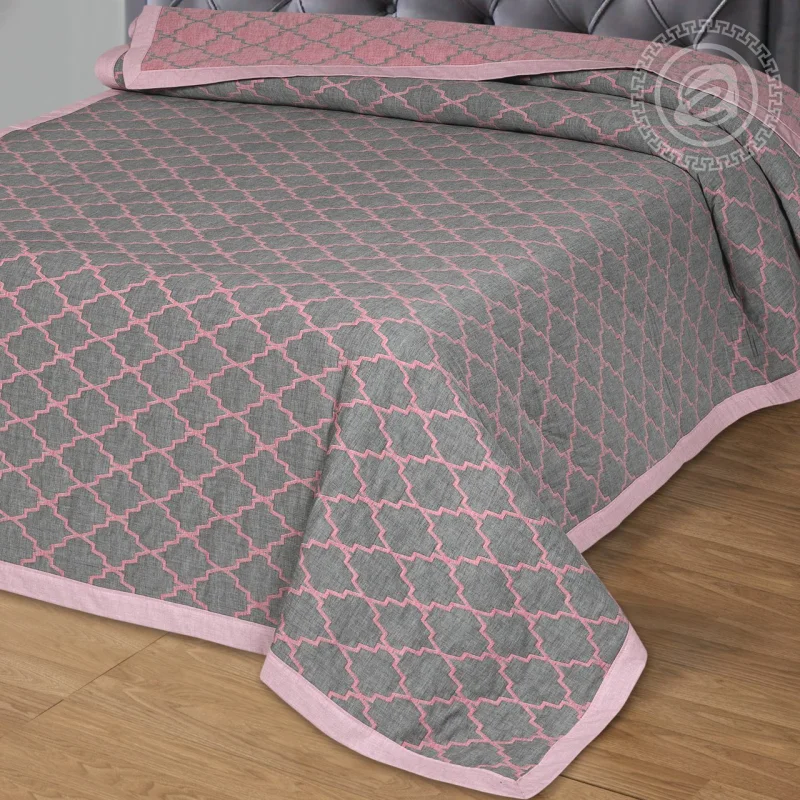 Покрывало Жаккард двухстороннее хлопковое жаккардовое - Альмира серо-розовая