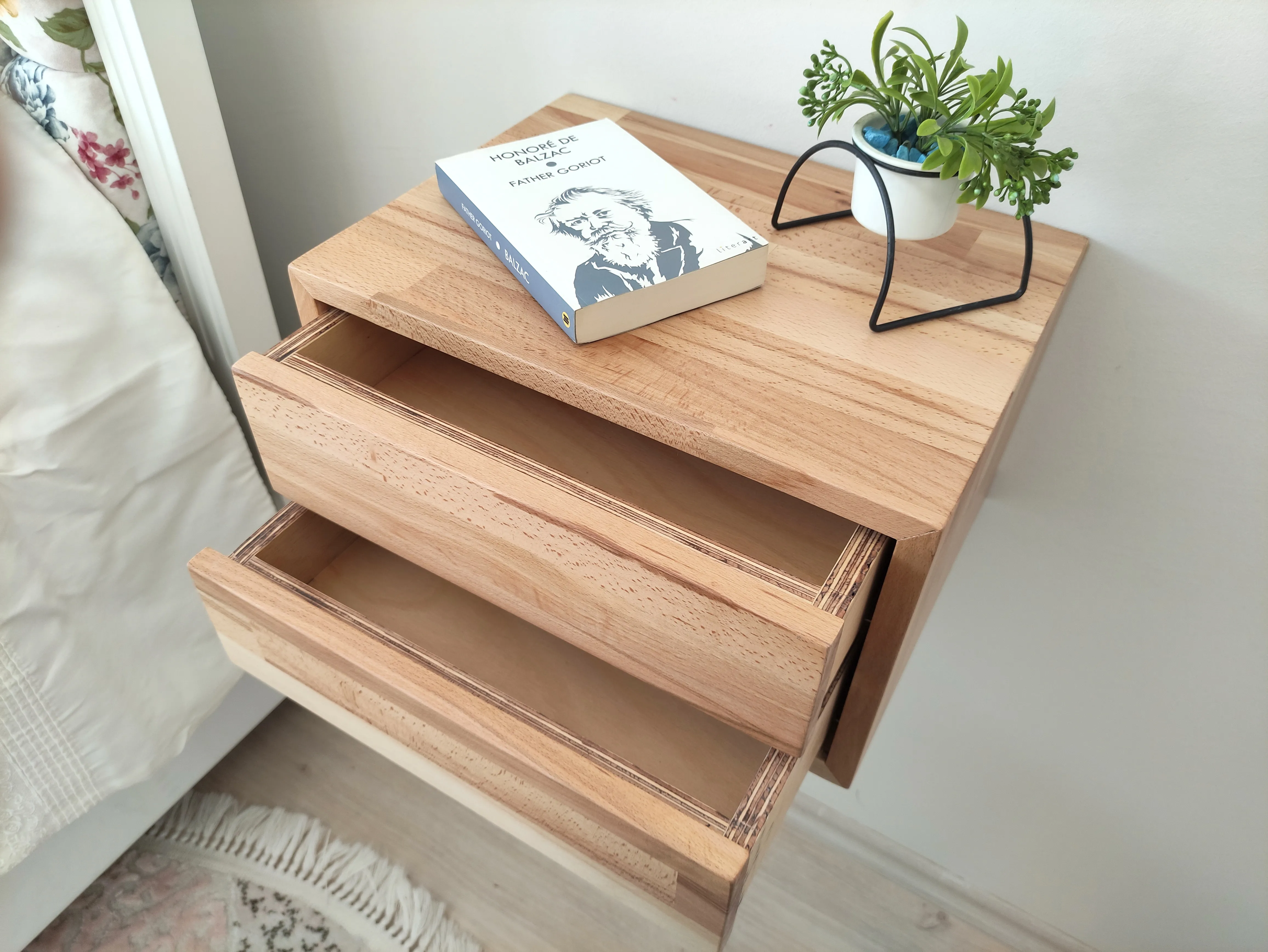 Wall Mounted Bedside Table Short with Bass Drop Drawer and Natural Beech Oak Non toxic Floating Shelf Small rustic | Мебель