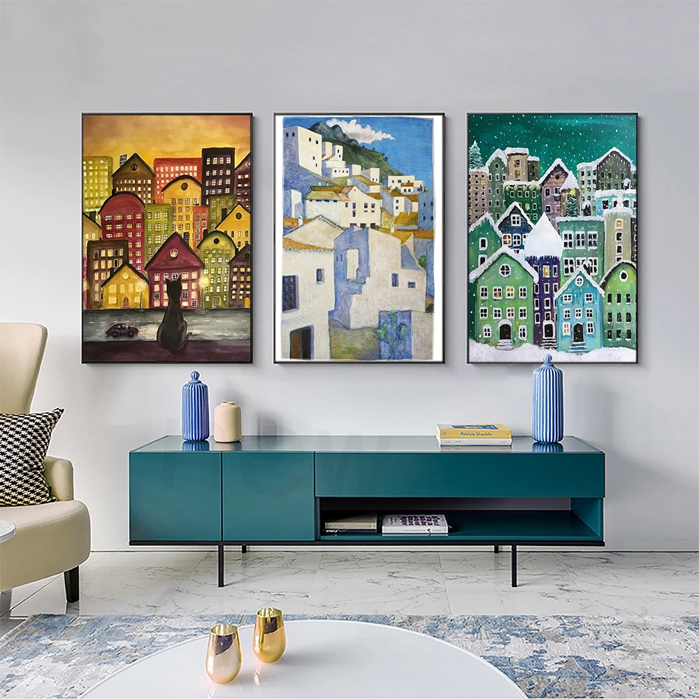 

Wall Art Canvas Painting Triptych City Scenery Prints Poster Modern Architecture Drawing Picture For Bedroom Home Decoration