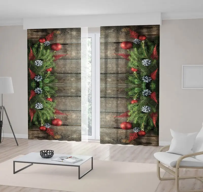 

Curtain Green Christmas Tree Branches and Red Balls on Brown Wooden Table December Winter Holidays Theme Art Printed