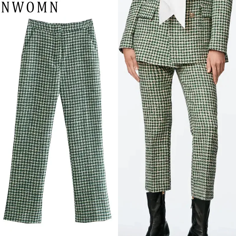 

Женские клетчатые мини-брюки Za, зеленые расклешенные брюки с высокой талией, модные текстурированные офисные брюки на пуговицах