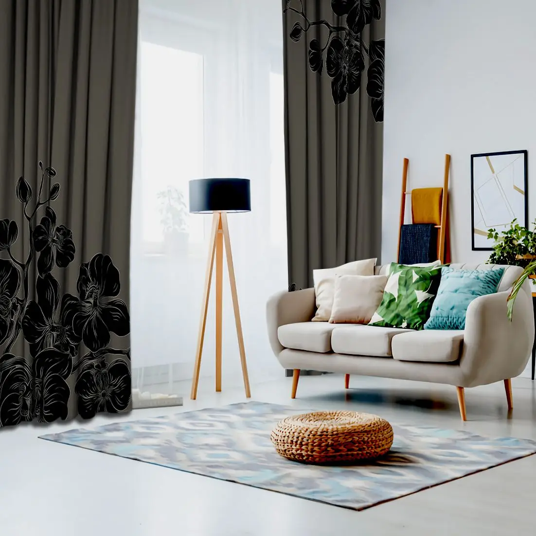 Занавески ветви орхидей букеты цветут романтические монохромные работы