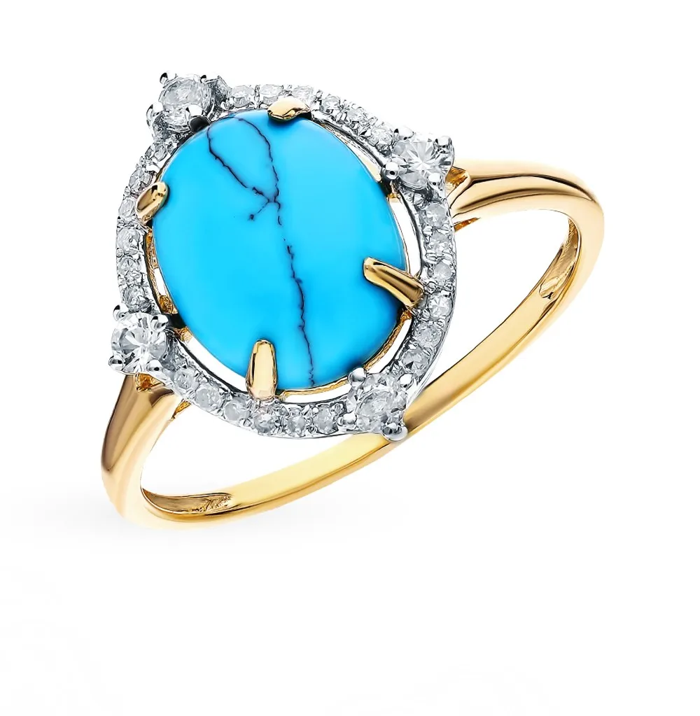 Золотое кольцо с сапфирами бирюзой и бриллиантами SUNLIGHT|Кольца| |