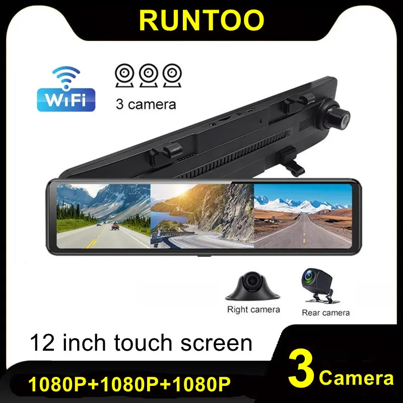 

12 Inch Dash Cam 3 Cameras 1080P Car DVR Recorder Rear View Mirror 24H Parking Monitor Night Vision G-Sensor