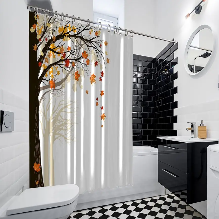 Занавески для душа деревья в лесу с падающими кленовыми листьями романтический