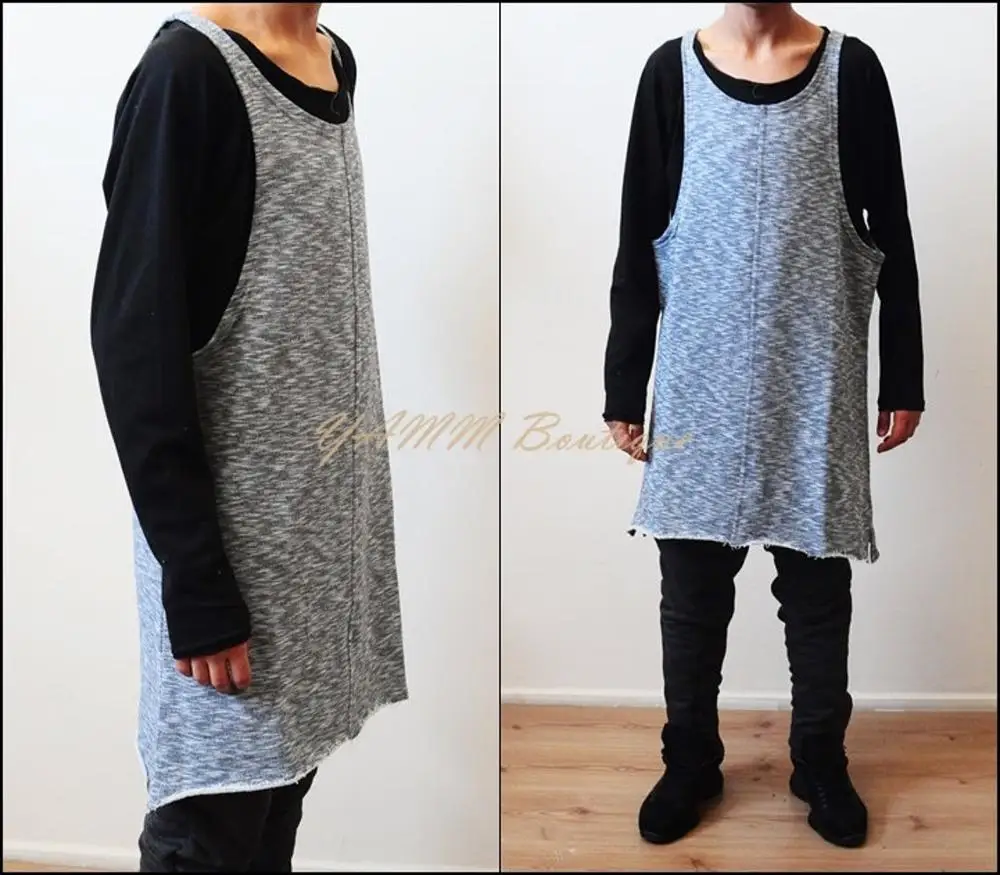 

Mens Terry Sleeveless Wide Neck Raw Edges Lengthen Extended Oval Tank Top