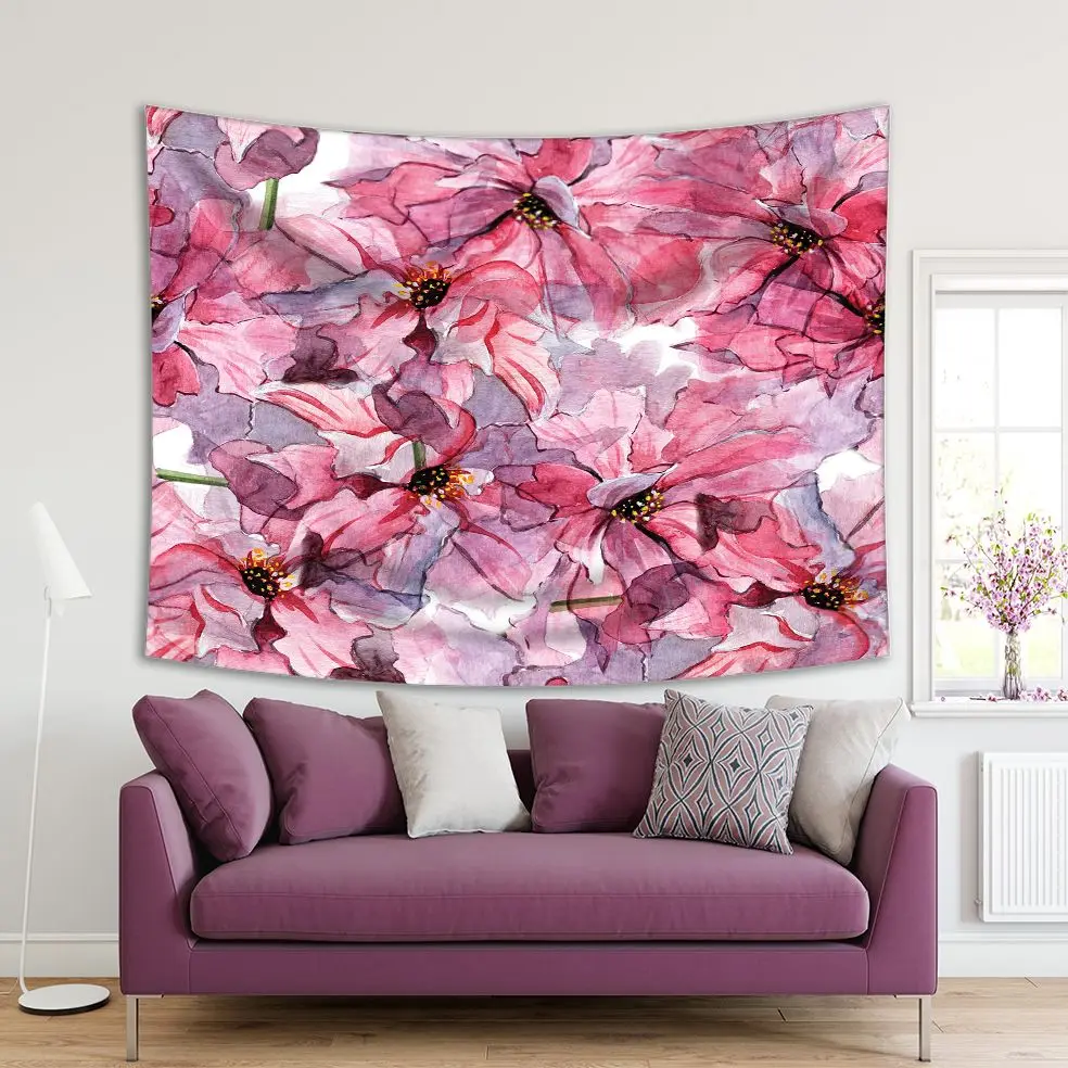 

Tapestry Exotic Flowers and Leaves Pattern Oriental Style Watercolor Artwork Pink Purple Yellow