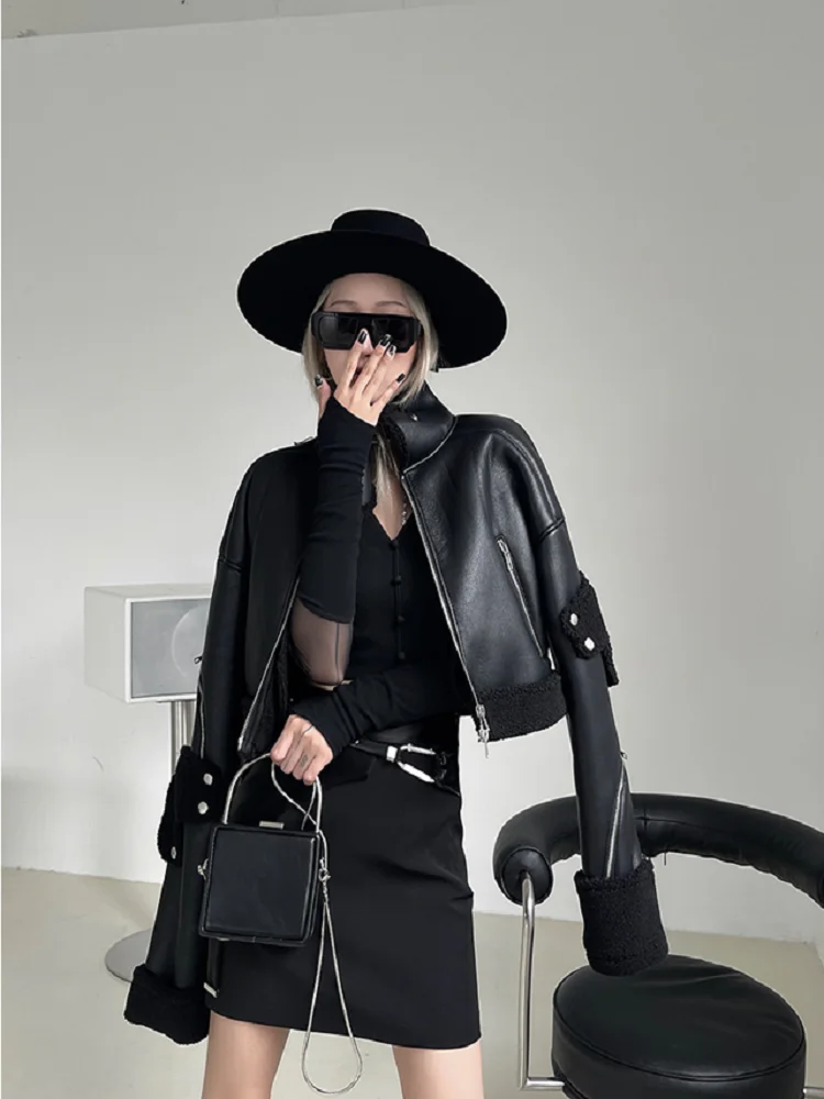 

Big brand coated PU composite lamb cashmere motorcycle wind casual women's coat jacket 2021New ladies winter coat bra y2k XL